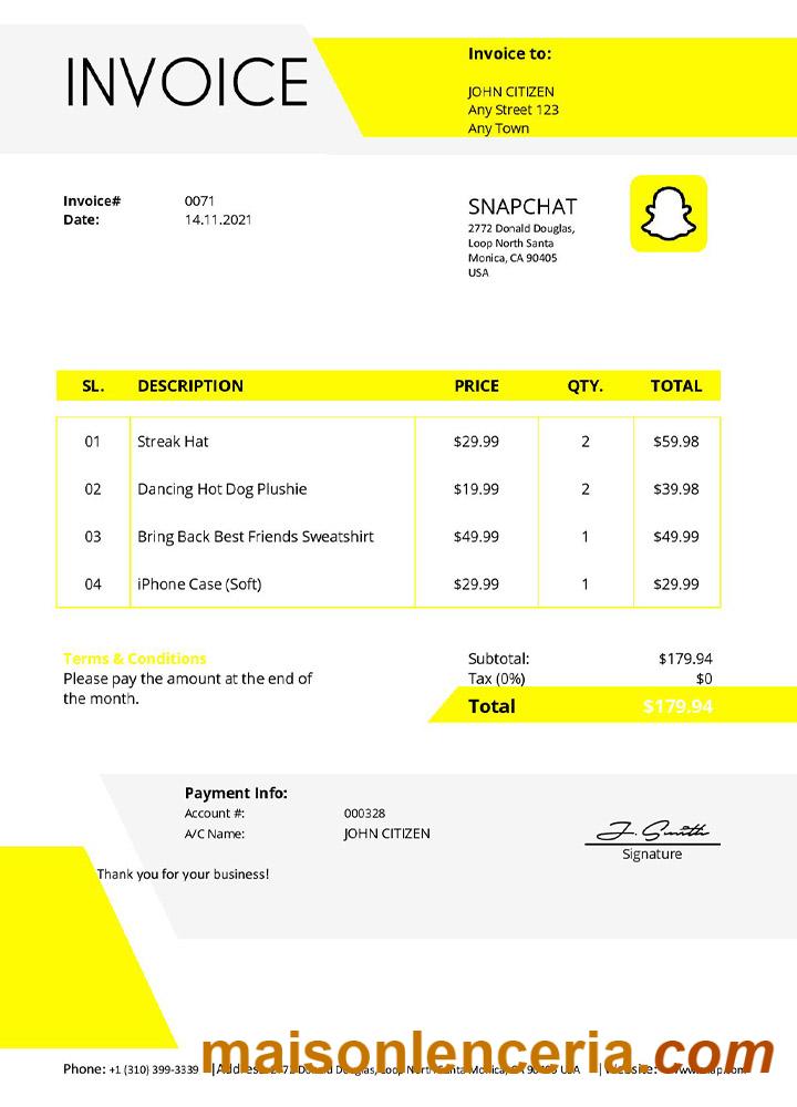 USA Snapchat faktura słowo i PDF szablon